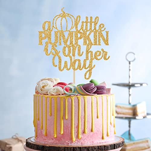 A Little Pumpkin is on Her Way Cake Topper, Oh Baby, for Baby Shower Cake Decor, Gender Reveal Party Decorations Neutral Gold Glitter