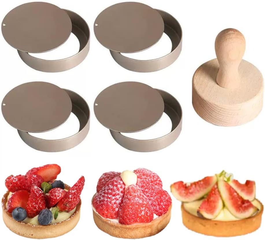 KALAIEN 4 Packs Mini Tart Pans with Removable Bottom 3” Reusable Non-Stick Egg Tart Mold with Tart Tamper for Cheesecake Muffin Pan