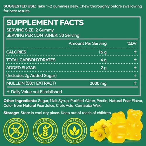 NIFEISHI Mullein Gummies for Lungs, 2000mg Mullein Leaf Extract for Respiratory & Digestive & Immune Support, Natural Herbal Supplement, Pear Flavor Gummies 60 Gummies