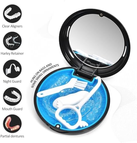 Retainer Case with Mirror,Slim Aligner Case with Vent Holes,Cute Night Mouth Guard Box,Retainer Removal Tool and Brush (Black Blue)