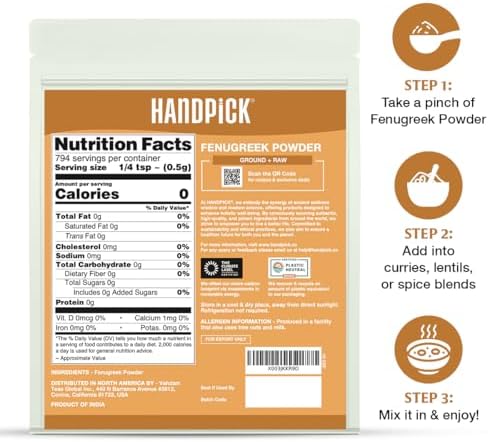 HANDPICK Fenugreek Powder (397g/14oz) Non GMO, Gluten Free, 100% Raw Methi Seeds, Sourced from India, For Cooking, Packed in Resealable Ziplock Pouch