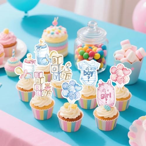 72Pcs Edible Gender Reveal Boy and Girl Cupcake Picks Wafer Paper Bear Gender Reveal Question Mark Cake Topper Decorations for Boy Girl Twins Baby Shower Pink Blue