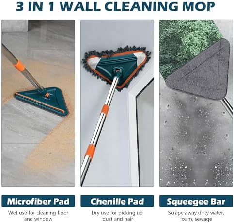 Wall Cleaner Mop with Long Handle, 360° Rotatable Wall Mop, 85“ Baseboard Cleaner Tool Duster for Wall Washer Cleaner Tool for Walls/Dust/Ceiling Fans/Baseboard/Floors