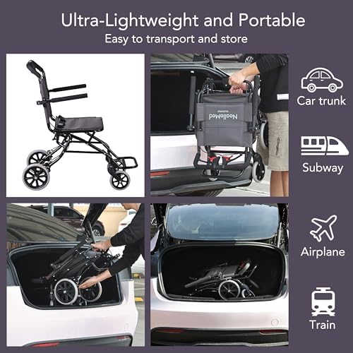 Portable Wheelchair,Lightweight Foldable Transport Chair with Handbrake for Adults and Senoirs