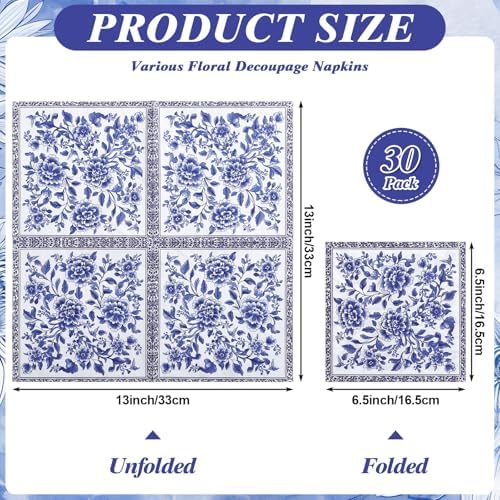 30 Pack Decoupage Napkins, 10 Styles Blue and White Floral Paper Napkins Chinoiserie Decorative Decoupage Napkin Printed Cocktail Paper for DIY Crafting Birthday Party Baby Shower