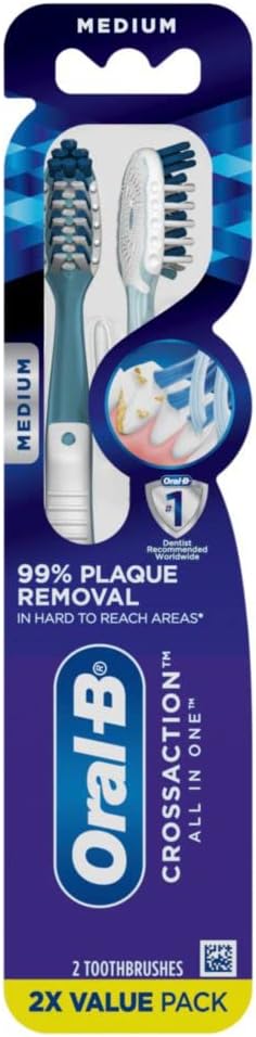Oral-B Pro Health CrossAction Plaque Removal toothbrushes, 2 Count Toothbrush Medium, Deep Reach in Tight Spaces, Tongue Scraper Tooth Brush, Plaque Fighter, Gentle on Teeth, Gum stimulators