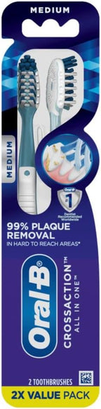 Oral-B Pro Health CrossAction Plaque Removal toothbrushes, 2 Count Toothbrush Medium, Deep Reach in Tight Spaces, Tongue Scraper Tooth Brush, Plaque Fighter, Gentle on Teeth, Gum stimulators