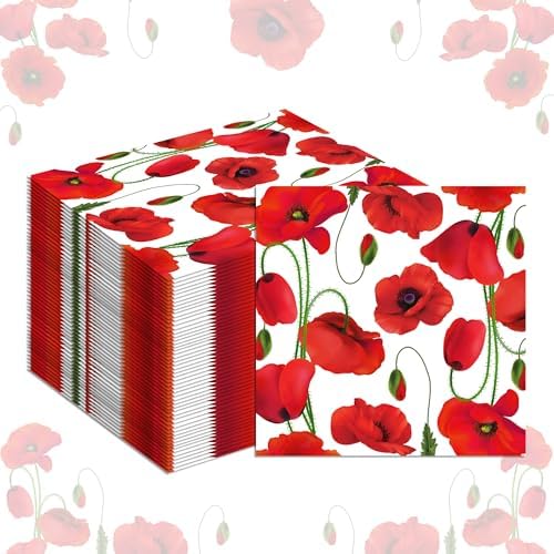 40PCS Poppy Floral Paper Napkins Flowers Paper Napkins Disposable Poppy Floral Party Napkin, Red Poppies Flowers Decorative Luncheon Dinner Guest Napkin for Poppies Party Supplies,6.5" x 6.5"