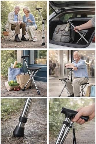 Walking Cane with Seat for Seniors – Foldable Lightweight Cane with Seat, LED Light, Adjustable Height 31.9"–35.8", Portable Seat for Elderly, Stainless Steel Walking Stick Supports 330 lbs, Non-Slip
