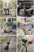 Foldable Walking Cane Seat with LED Light, Adjustable Height Portable Walking Stick Chair for Seniors, Lightweight Aluminum Mobility Aid with Non Slip Feet, Supports Up to 400 lbs