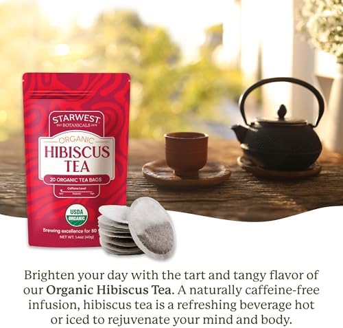 Starwest Botanicals Organic Hibiscus Tea - Caffeine Free Herbal Tea, Tea with Antioxidant Properties, String Free Sachets, USDA Organic Hibiscus Flower, Non GMO - 20 Tea Bags