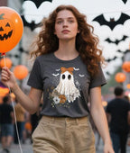 Halloween Shirts for Women Cute Ghost Graphic Tees Fall Crewneck Short Sleeve Costumes Autumn Party Graphic T-Shirt