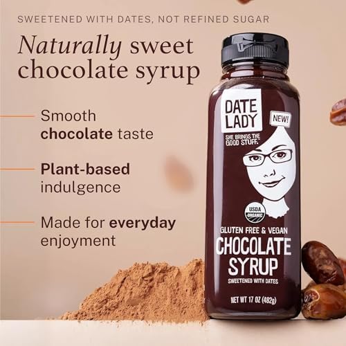Date Lady Chocolate Syrup | Sweetened Only with Dates | Organic, Vegan, Kosher and Dairy Free | Drizzle on Ice Cream, Pour on Pancakes or Grab a Spoonful! | 1Squeeze Bottle (17oz)
