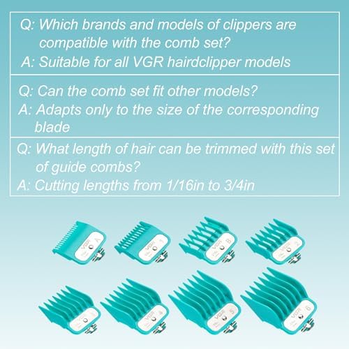 VGR 891 Professional Hair Clipper Attachment Comb Set，8 Pcs Hair Cutting Guide Combs with Limit Comb Rack for Most Hair Clippers，with Metal Clip，from 1/16 Inch to 3/4 Inch(1.5-19mm)