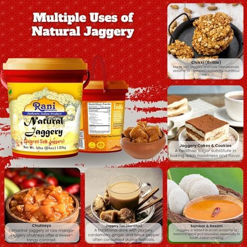Rani Natural Jaggery (Gujarati Soft Jaggery) 64oz (4lbs) 1.81kg Bulk Bucket ~ Gluten Friendly | Vegan | NON-GMO | Kosher | No Salt or fillers | Indian Product
