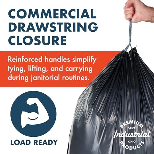 Made Here 55 Gallon Heavy Duty Commercial Trash Bags with Drawstring – Black Waste Can Liners for Office, Janitorial, and Facility Use, Leak-Resistant, 100 Count