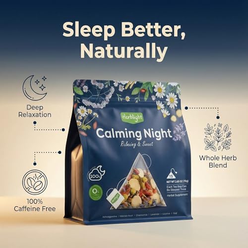 Herblight Bedtime Tea with Valerian Root & Ashwagandha - Caffeine-Free Night Time Herbal Blend for Deep Relaxation - Premium Whole Leaf Sleep Tea (15 Pyramid Bags)