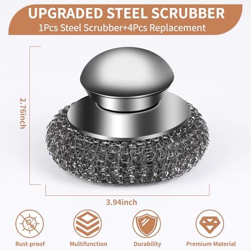 5Pcs Steel Wool Scrubber with Replacement Wire Sponge Pads Set, Stainless Steel Scrubber with Handle for Scouring Stubborn Messes from Cast Iron, Pots, Pans, Grill, Stoves, Sink(1 Scrubber+4 Pads)