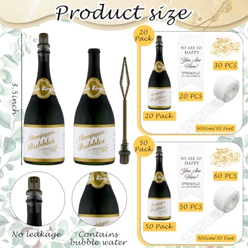 20 Pcs Mini Champagne Bubbles Wedding Favor Bulk Small Champagne Bottle Shaped Bubbles with Ribbons Gold Pins and Cards for Wedding Send Off Bridal Shower Celebration
