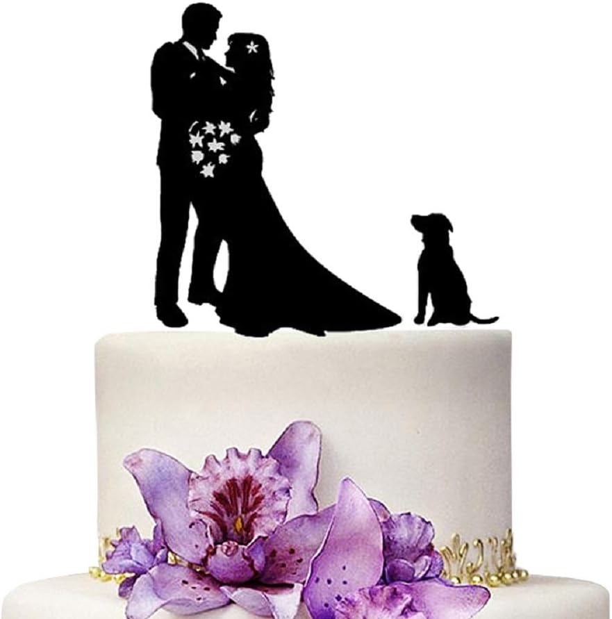 Wedding Cake Toppers Bride and Groom With Dog Black Color Acrylic Silhouette Wedding Anniverary Party Engagement Decoration