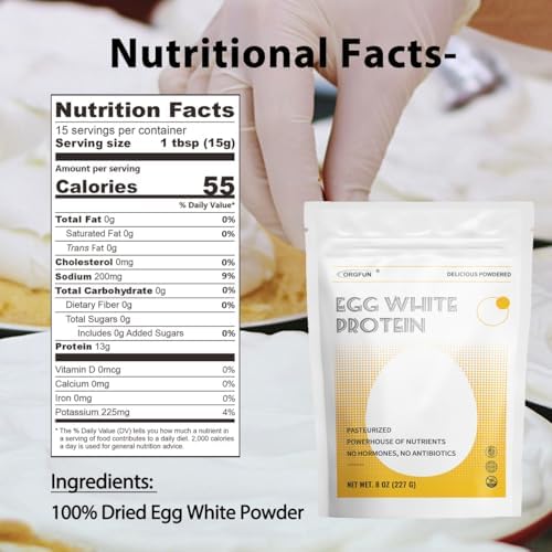 ORGFUN Egg White Powder 8 Oz, Pasteurized Egg White Powder, Gluten-Free, Non-GMO, Ideal for Baking
