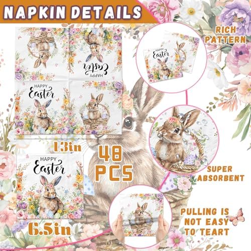 Easter Napkins,48pcs Easter Paper Napkins Disposable Easter Bunny Napkins Cute Rabbit Napkins for Spring Holiday Easter Party Decorations