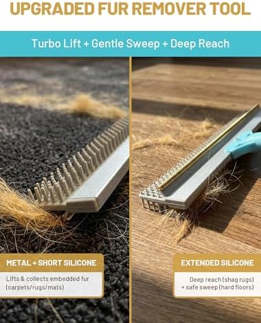 Carpet Rake for Pet Hair Removal: DELOMO Carpet Broom Scraper with 54” Adjustable Long Handle, Dual-Sided, Metal + Short Silicone for Carpets & Rugs, Extended Silicone for Shag Rugs & Hard Floors