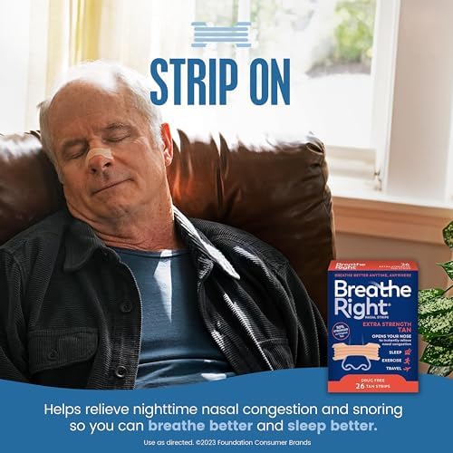 Breathe Right Nasal Strips, Extra Strength Tan Nose Strips, Drug-Free Nasal Congestion Relief for Better Breathing, Help Relieve Snoring, Caused by Colds & Allergies, Deviated Septum, 26ct