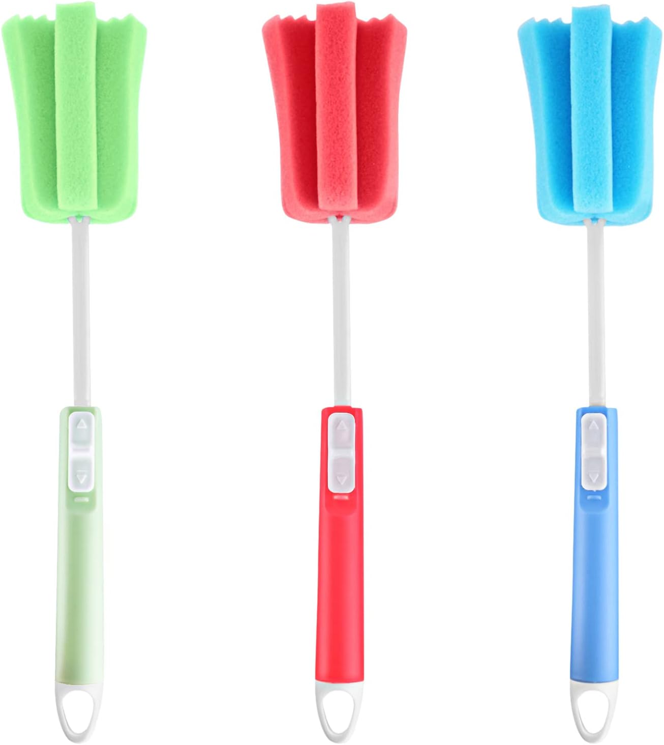 3 Pack Sponge Cleaning Brush Soft Foam Sponges Bottle Scrubber Dishwashing Brushes with Adjustable Long Plastic Handle for Home Kitchen Baby Bottle Coffee Glasses Pot