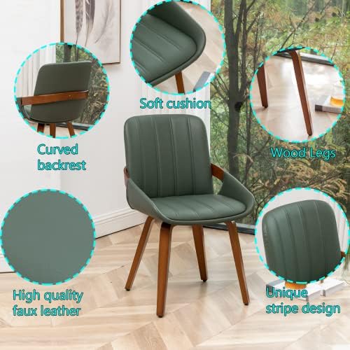 Mid Century Modern Faux Leather Upholstered Dining Room Chairs,Armless Accent Chairs with Sturdy Natural Wood Legs,Bamboo Backrest Support for Kitchen&Dining Room Chairs(1PCS,Green)