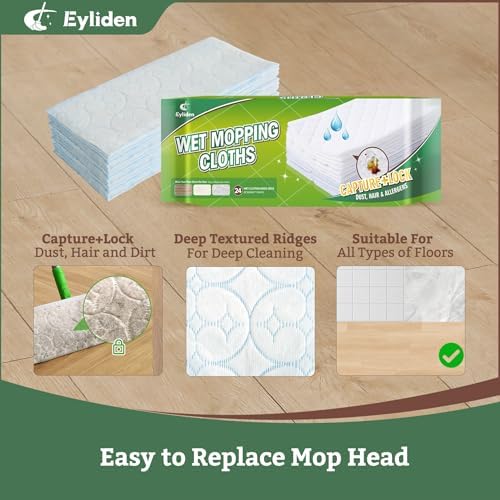 Eyliden 24-Count Disposable Wet Mop Pads Refills, Pre-Moistened with Cleaner Universal for 10 inch Sweeper Mops - Multi-Surface Hardwood, Laminate & Tile Floors