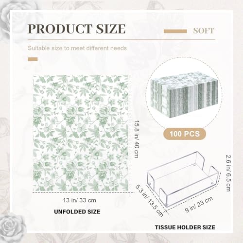 Faccito 100 Pcs Green Floral Guest Napkins with Acrylic Tissue Box, 3 Ply Green and White Paper Napkins, for Spring Summer Wedding Bridal Shower Birthday Party Supplies, 15.8 x 13 Inch