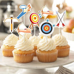 Archery Party Decorations, 24pcs Archery Theme Cupcake Toppers Double-sided Printing Sports Theme Bow Arrow Hunting Cake Decorations for Archery Theme Birthday Baby Shower Party Supplies
