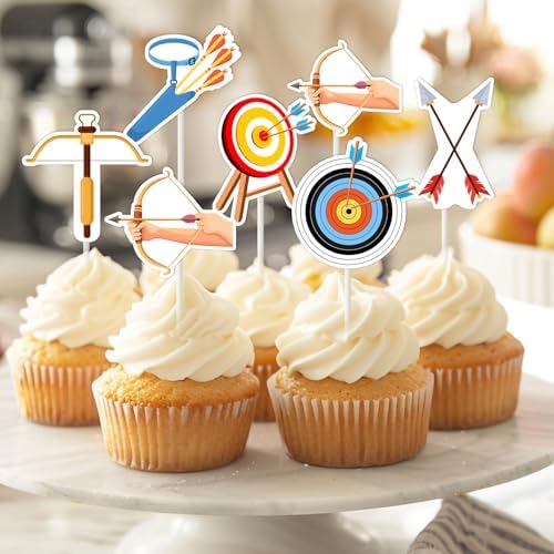 Archery Party Decorations, 24pcs Archery Theme Cupcake Toppers Double-sided Printing Sports Theme Bow Arrow Hunting Cake Decorations for Archery Theme Birthday Baby Shower Party Supplies