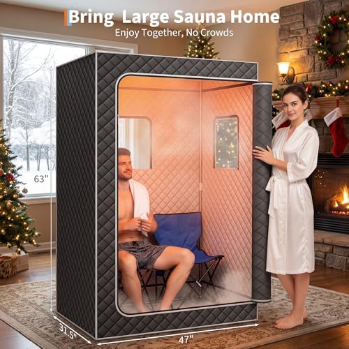 Portable Sauna,Upgraded 2 Person Sauna Box with 4L 1500W Steamer,Full Body Home Spa with 2 Foldable Chairs,9 Levels of Sauna Box with Remote Control（Grey）