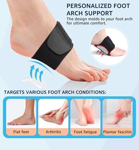 HiRui Arch Support Braces (Pair) for Plantar Fasciitis Relief - Adjustable Neoprene Arch Support Wraps with Gel Pads for Flat Feet High & Fallen Arch, Wear Over or Under Socks, Fits All Shoes (Black)