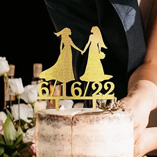 Bride Two Girl Silhouette Wedding Cake Topper Custom Cake Topper LGBT Silhouette Same Sex Couple Wedding Cake Decor Lesbian Marriage Cake Topper Bride Mrs And Mrs Cake Topper for Wedding Acrylic Gold