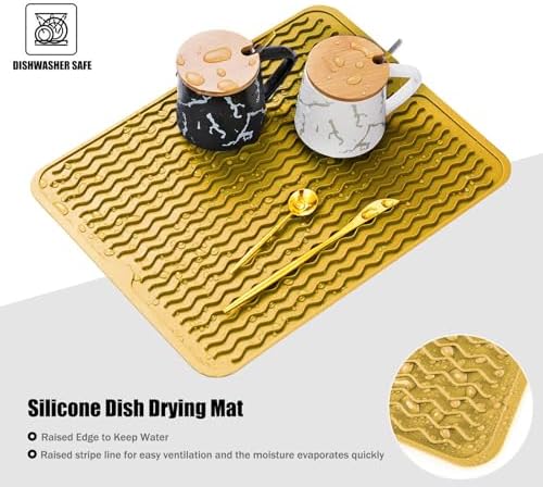 Large 14" x 11" Silicone Dish Drying Mat for Kitchen Counter, Easy clean, Quick Dry, Heat-resistant Dish Drainer Mat for Sink,Refrigerator or Drawer liner (Food Grade Silicone-Yellow)