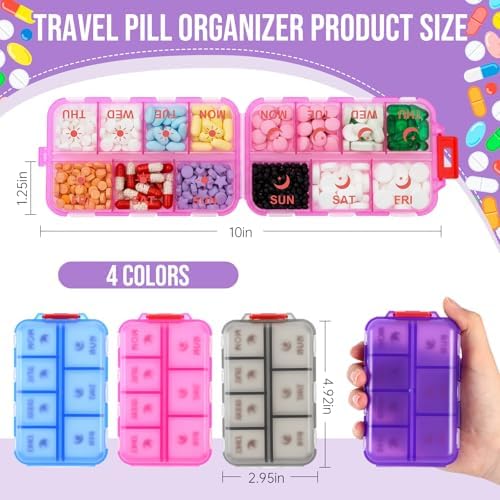 4 Pack 14 Grids Travel Pill Organizer with Printed Labels 2 Times a Day Pill Organizer Foldable Travel Medicine Kit Am Pm Weekly Medicine Box for Vitamin Fish Oil Supplement Storage