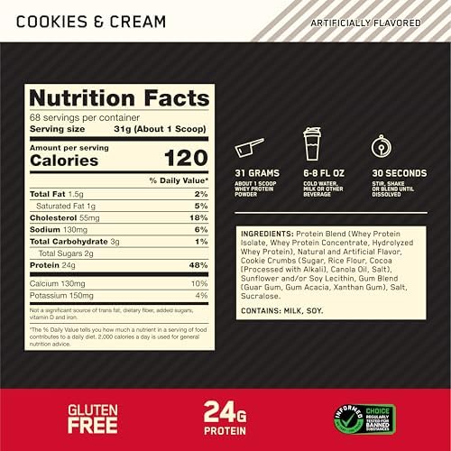 Optimum Nutrition Gold Standard 100% Whey Protein Powder, Cookies & Cream, 5 Pound (Packaging May Vary)