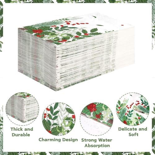 100 Pcs Winter Plant Napkins Disposable Absorbent 3 Ply Holly Berry Greenery Guest Napkins Berries and Pine Napkin for Winter New Year Holiday Lunch Dinner Kitchen Supplies