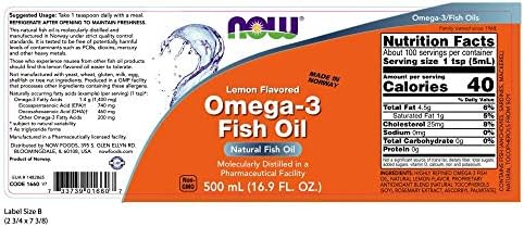 NOW Supplements, Omega-3 Fish Oil Liquid, Molecularly Distilled, Lemon Flavored, 16.9-Ounce