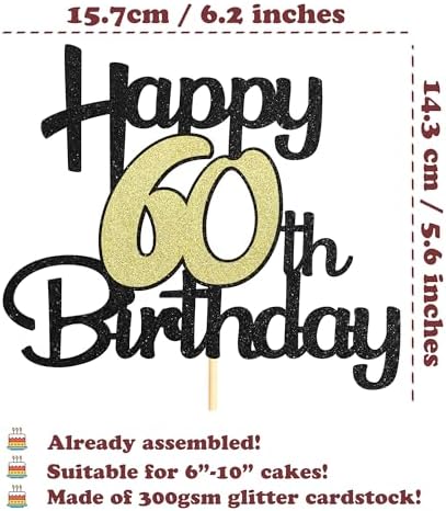 Sotpot 1 Pack 60th Cake Topper Black Gold Glitter 60th Birthday Cake Decorations for 60th Birthday Party Anniversary Party Supplies