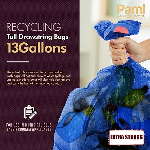 PAMI Recycling Tall Kitchen Drawstring Trash Bags- Extra-Strong Plastic Garbage Bags- Thick Trash Can Liners For Kitchen & Outdoor Bins- 2ft x2ft Unscented Trash Bags (13 Gallon – 60 Count – Blue)