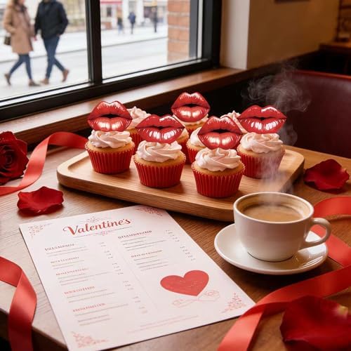 48Pcs Edible Edible Valentine’s Day Cupcake Toppers Red Lip Cupcake Picks Happy Valentine's Day Cake Decor for Valentine's Day Theme Party Decoration Supplies