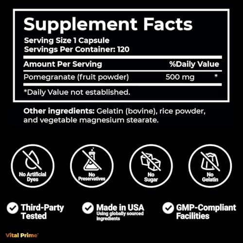 Vital Prime Pomegranate Extract Capsules 500MG per Capsule 120 Count | 4 Month Supply | Pomegranate Pills Non-GMO for Women and Men