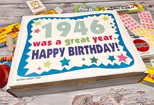 RETRO CANDY YUM ~ 1946 80th Birthday Gift Box of Nostalgic Retro Candy from Childhood for 80 Year Old Man or Woman Born 1946