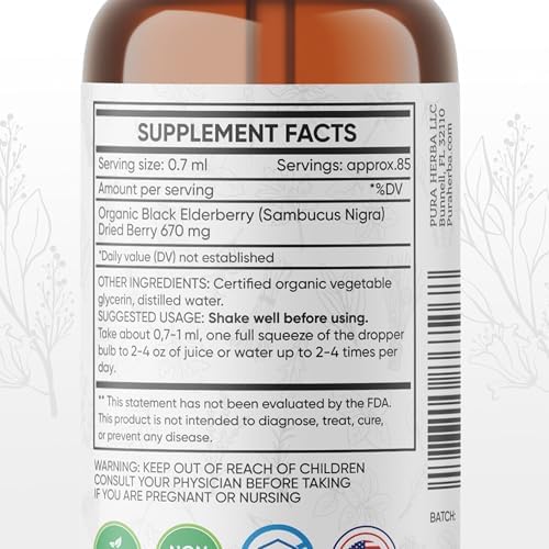 Pura Herba Elderberry Tincture – Organic Elderberry Extract Liquid Drops – Sambucus Herbal Supplement – Immune Support – Elderflower & Elderberry Blend – Alcohol-Free, 2 fl oz