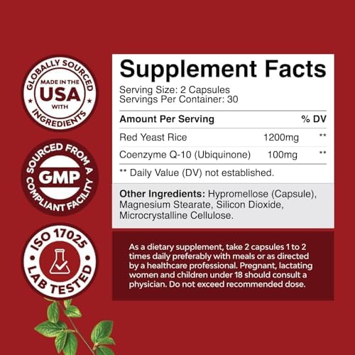 Red Yeast Rice with CoQ10 Supplement - Advanced Healthy Heart & Healthy Cholesterol Levels Formula for Men & Women - Extra Strength Capsule with Red Yeast Rice 1200 mg Capsules with CoQ10-60 Count