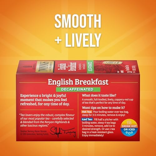 Twinings Decaffeinated English Breakfast Individually Wrapped Bags, 20 Count (Pack of 6), Flavourful & Robust, Enjoy Hot or Iced, 120 Teabags